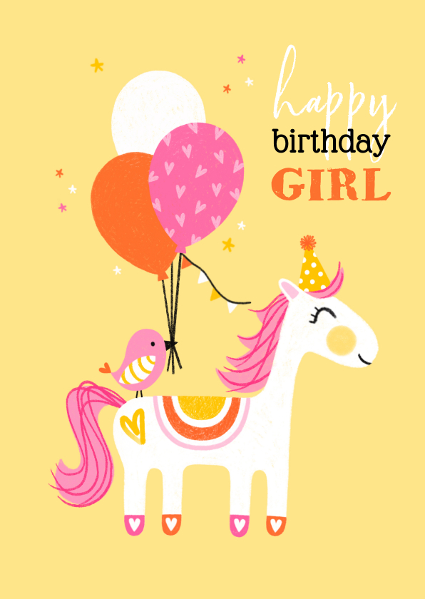 Verjaardagskaarten - Verjaardagskaart paard ballonnen geel