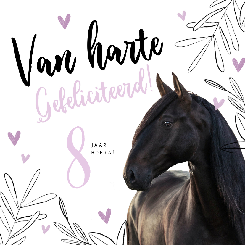 haak Kast transmissie Verjaardagskaart paard en lila hartjes bladeren | Kaartje2go