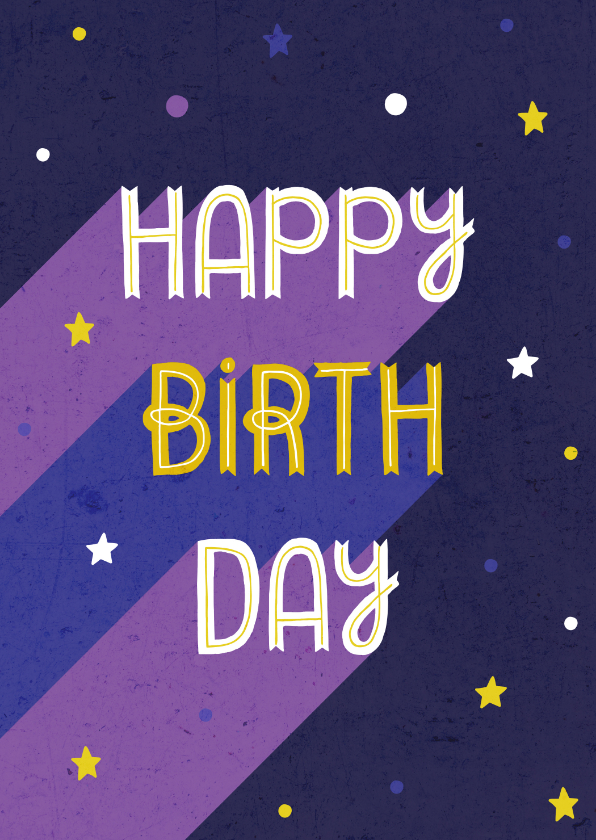 Verjaardagskaarten - Verjaardagskaart paars retro typografisch met sterren