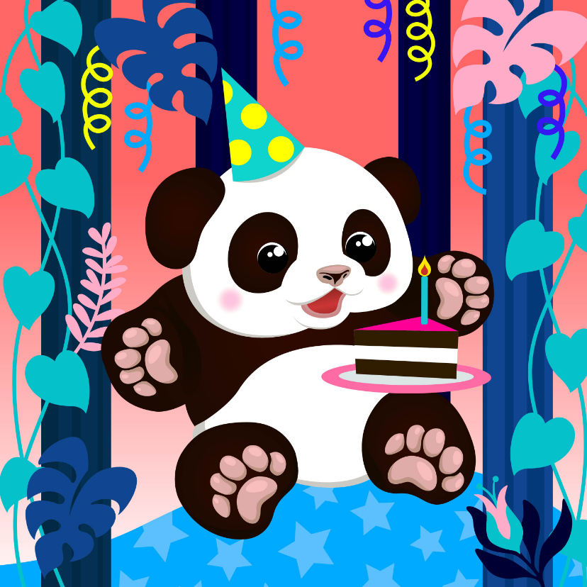 Verjaardagskaarten - Verjaardagskaart panda met taart, slingers en planten