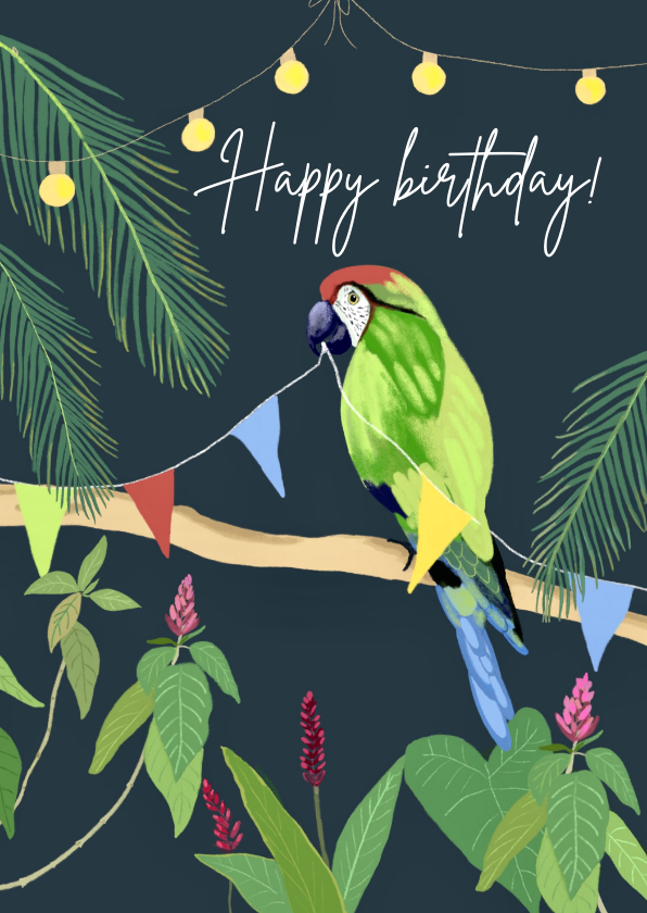 Verjaardagskaarten - Verjaardagskaart papegaai jungle