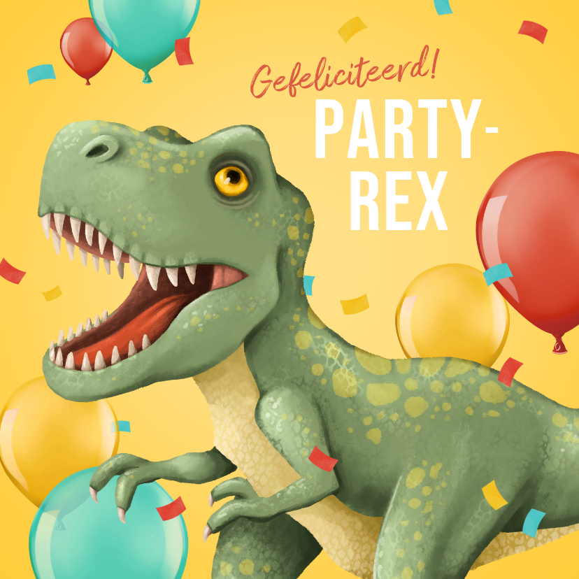 Verjaardagskaarten - Verjaardagskaart party-rex grappig ballonnen confetti dino