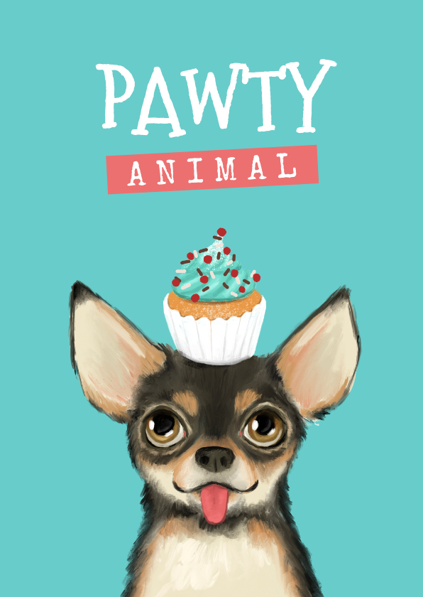Verjaardagskaarten - Verjaardagskaart pawty animal hond taart