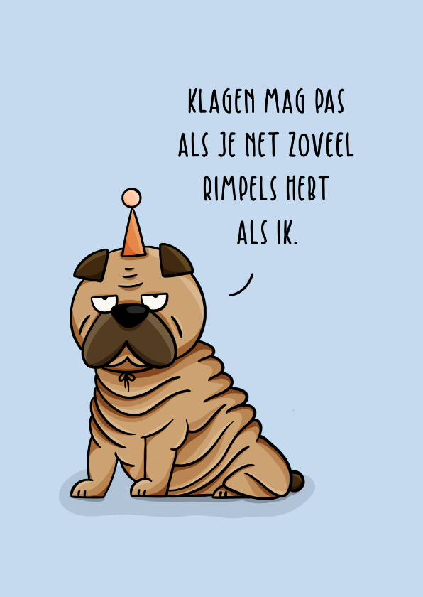 Verjaardagskaarten - Verjaardagskaart rimpelhond met hoedje grappig