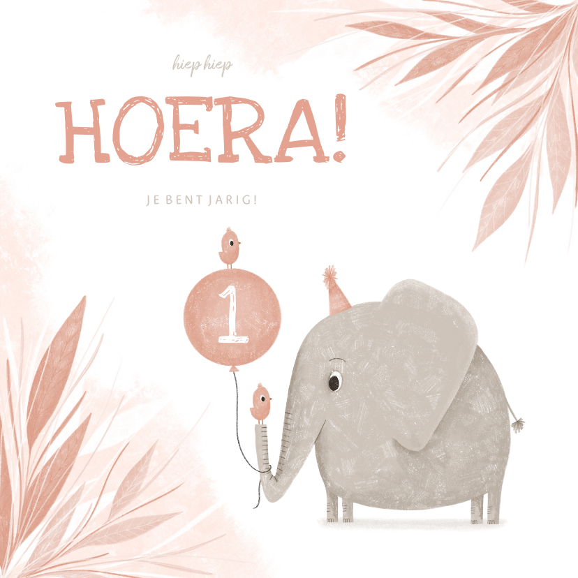 Eeuwigdurend Trots federatie Verjaardagskaart roze 1 jaar olifantje met | Kaartje2go