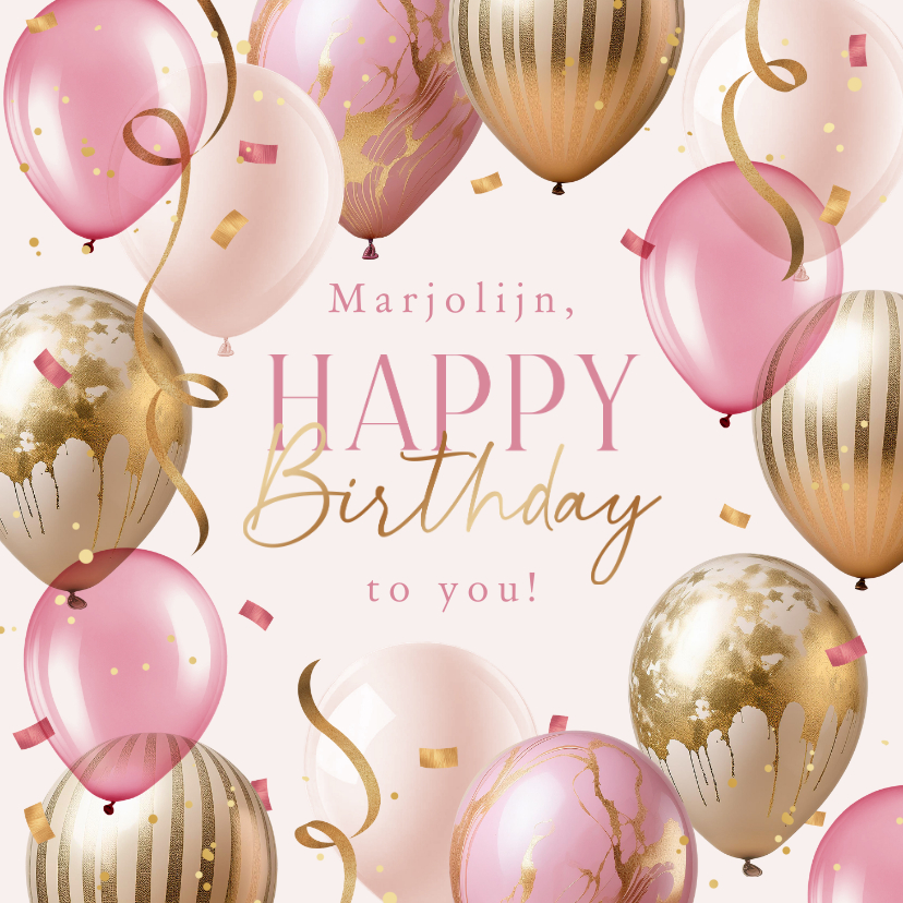 Verjaardagskaarten - Verjaardagskaart roze goud ballonnen confetti slingers