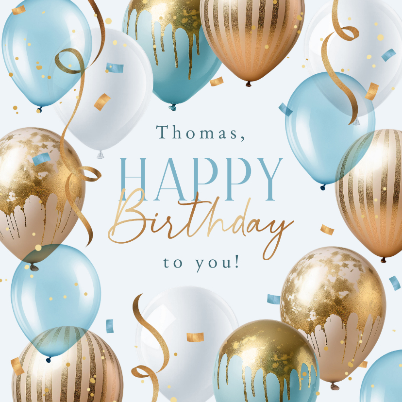 Verjaardagskaarten - Verjaardagskaart slingers ballonnen blauw goud confetti