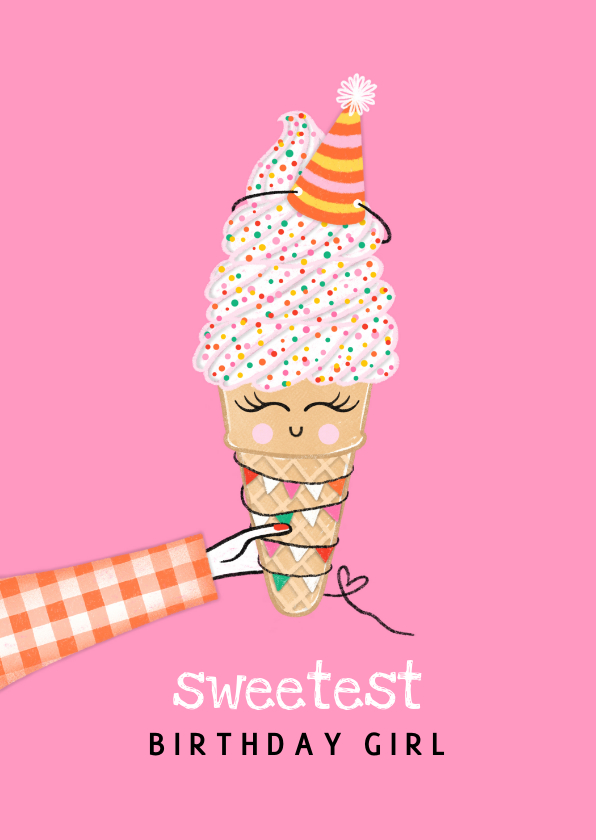 Verjaardagskaarten - Verjaardagskaart softijsje discodip feestmuts roze
