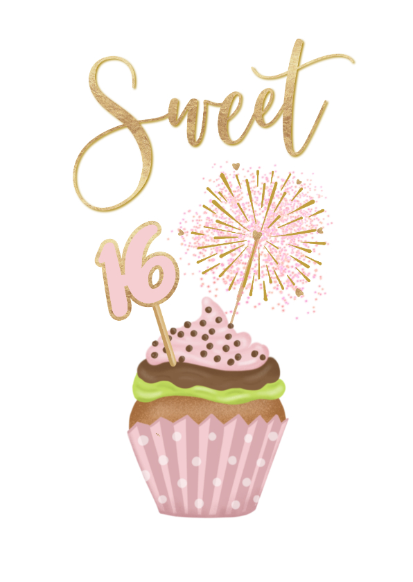 Verjaardagskaarten - Verjaardagskaart Sweet Sixteen met cupcake