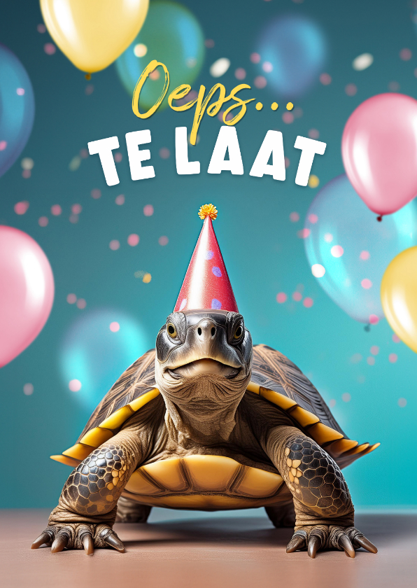 Verjaardagskaarten - Verjaardagskaart te laat sloom schildpad ballonnen confetti