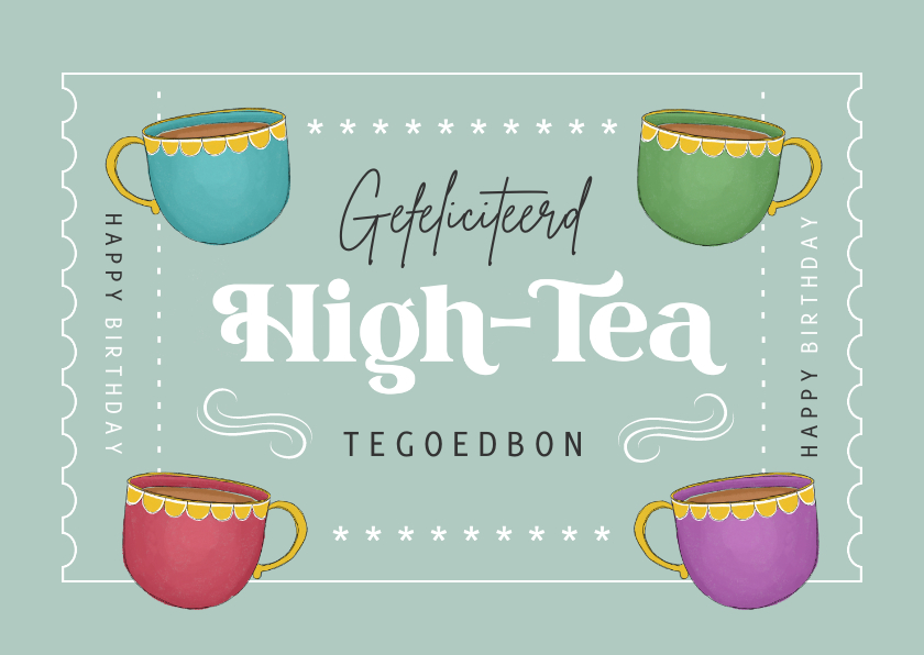 Verjaardagskaart tegoedbon high tea thee kopjes |