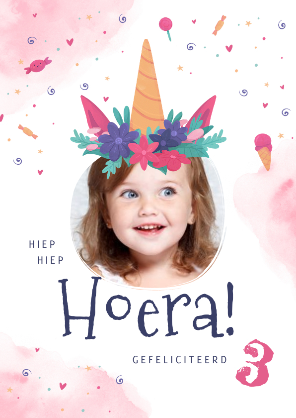 Verjaardagskaarten - Verjaardagskaart unicorn meisje eenhoorn foto confetti