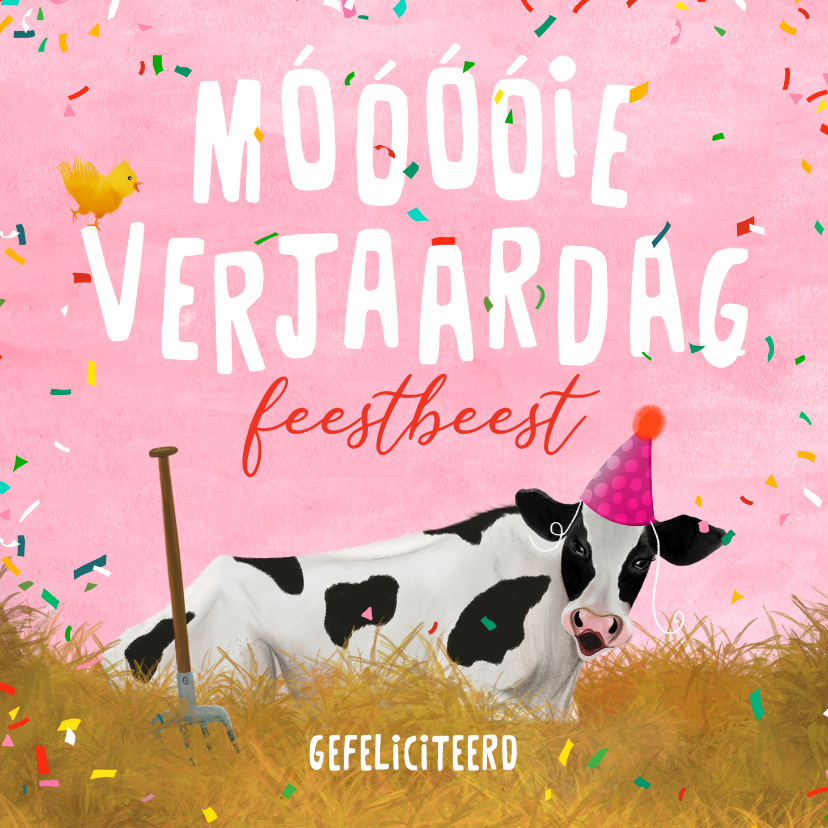 Verjaardagskaarten - Verjaardagskaart van een koe met feestmuts en confetti