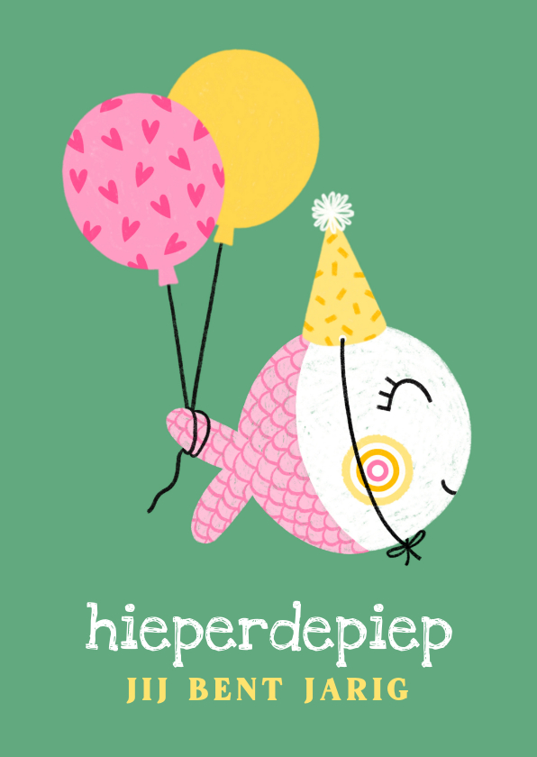 Verjaardagskaarten - Verjaardagskaart vis feestmuts ballon roze groen
