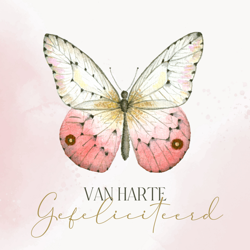 Verjaardagskaarten - Verjaardagskaart vlinder roze met watercolor