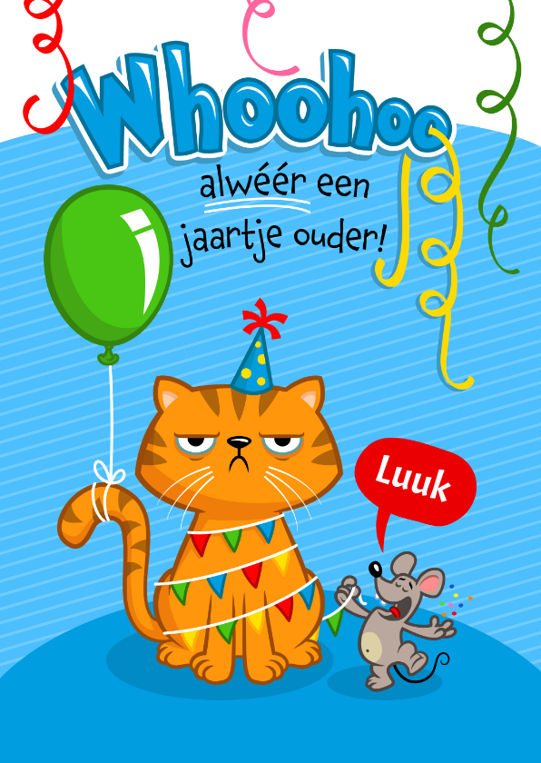 Verjaardagskaarten - Verjaardagskaart vrolijke kat met ballon