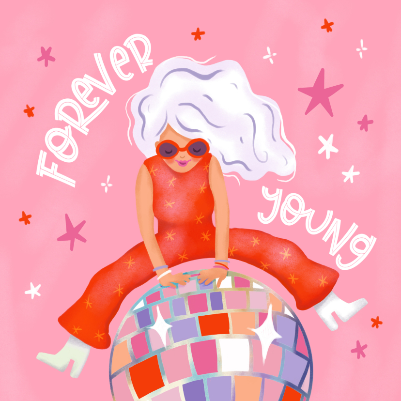 Verjaardagskaarten - Verjaardagskaart vrouw discobal forever young grappig roze