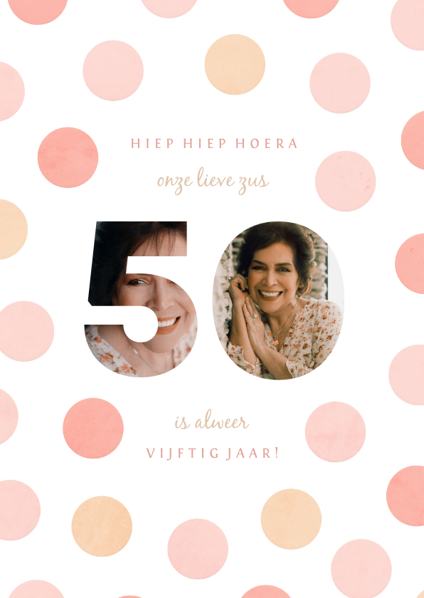 Verjaardagskaarten - Verjaardagskaart vrouw fotocollage '50' met confetti