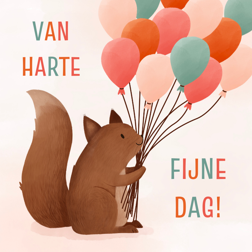 Verjaardagskaarten - Verjaardagskaartje eekhoorn met feestelijke ballonnen