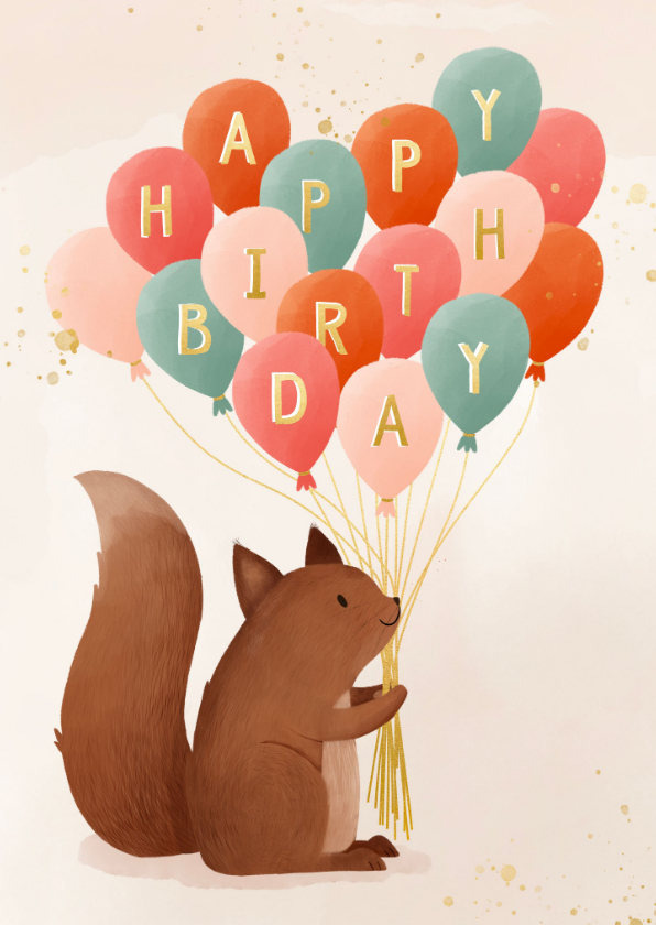 Verjaardagskaarten - Verjaardagskaartje eekhoorn tros ballonnen happy birthday