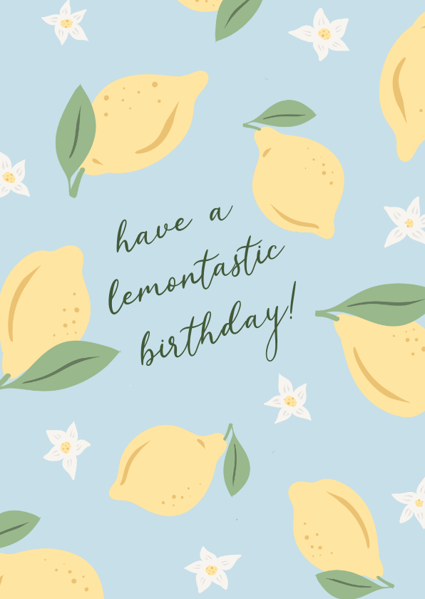 Verjaardagskaarten - Vrolijke blauwe verjaardagskaart met citroentjes