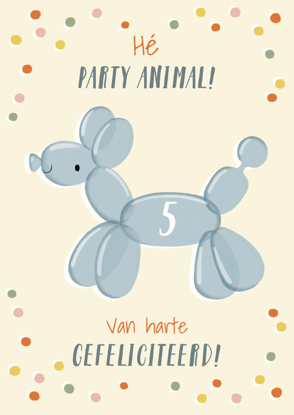 Verjaardagskaarten - Vrolijke verjaardagskaart met ballondier hond en confetti