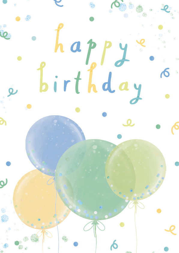 Verjaardagskaarten - Vrolijke verjaardagskaart met ballonnen en confetti