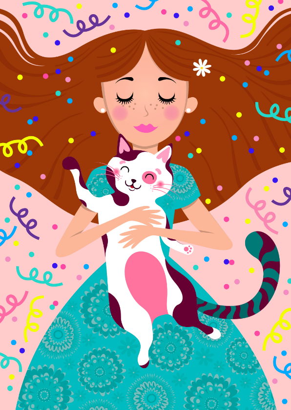 Verjaardagskaarten - Vrolijke verjaardagskaart met een meisje met kat en confetti