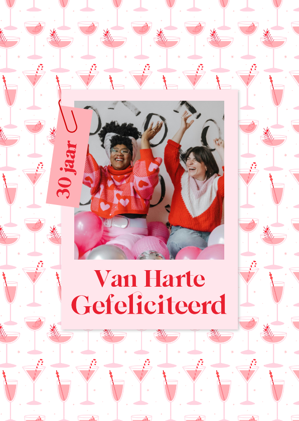 Verjaardagskaarten - Vrolijke verjaardagskaart met foto en roze cocktails patroon