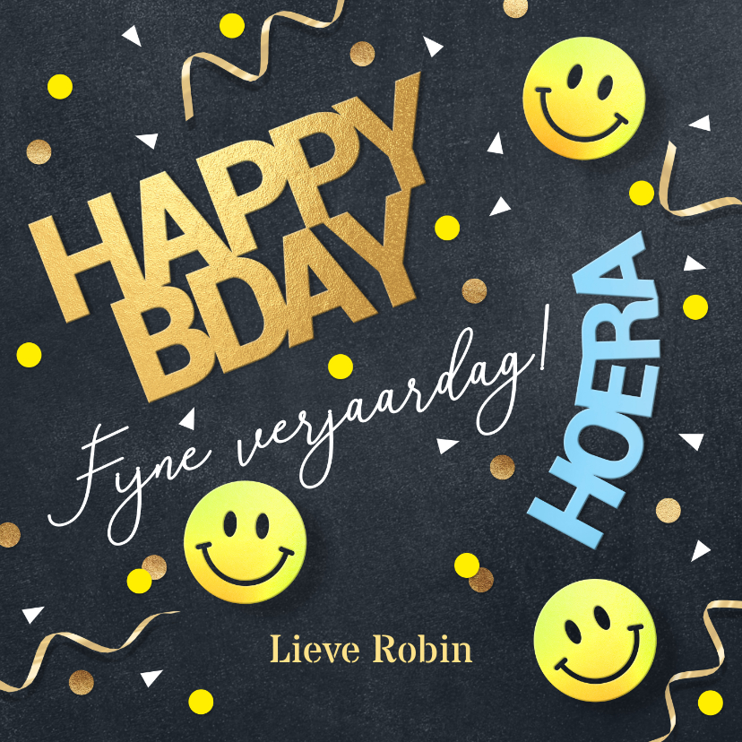 Verjaardagskaarten - Vrolijke verjaardagskaart met grappige smiley en confetti