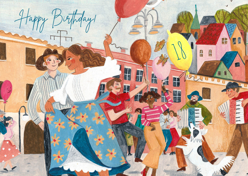 Verjaardagskaarten - Vrolijke verjaardagskaart straat feestje ballonnen