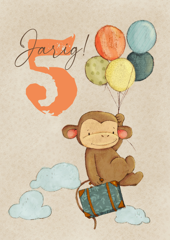 Verjaardagskaarten - Vrolijke verjaardagskaart voor kind met aap en koffer