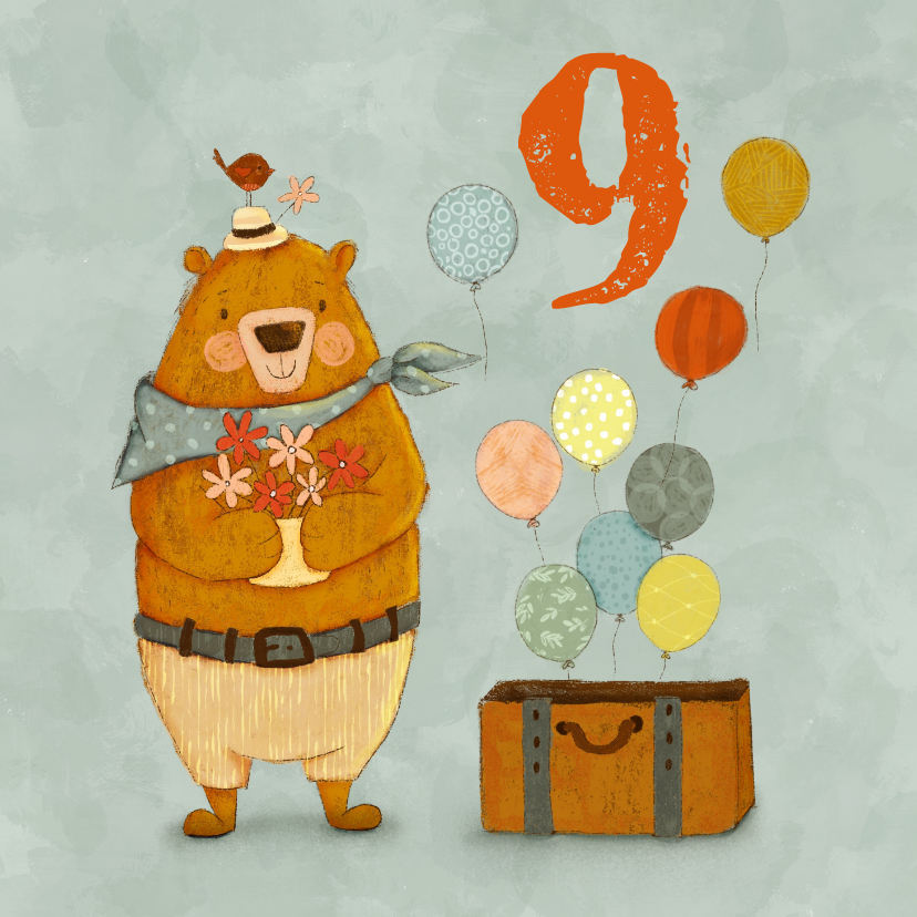 Verjaardagskaarten - Vrolijke verjaardagskaart voor kind met beer en ballonnen