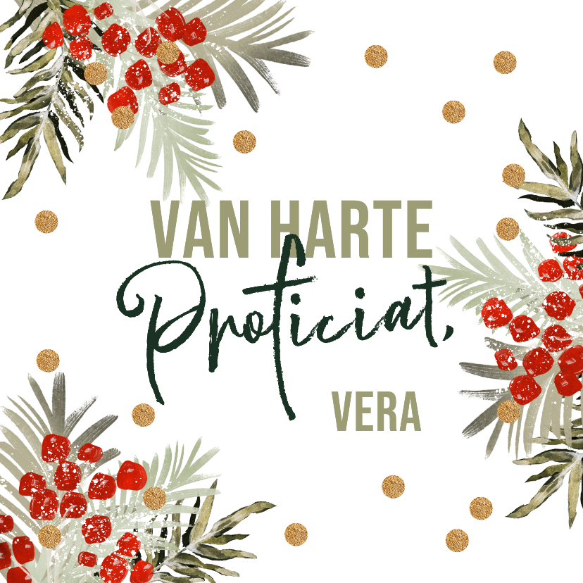 Verjaardagskaarten - Winterse verjaardagskaart botanische bladeren confetti goud