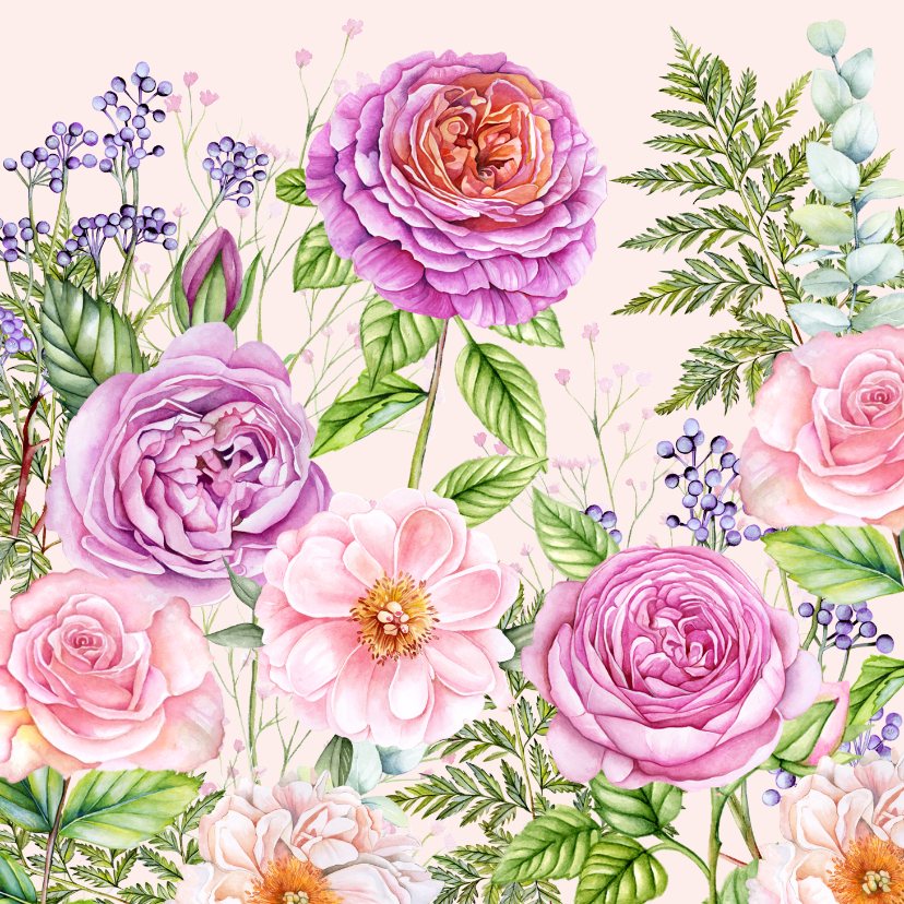 Wenskaarten - Bloemenkaart botanische rozen en bladeren