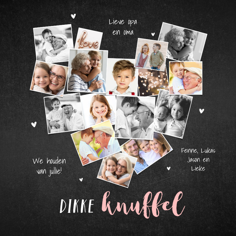 Wenskaarten - fotokaart collage hart krijt dikke knuffel liefde