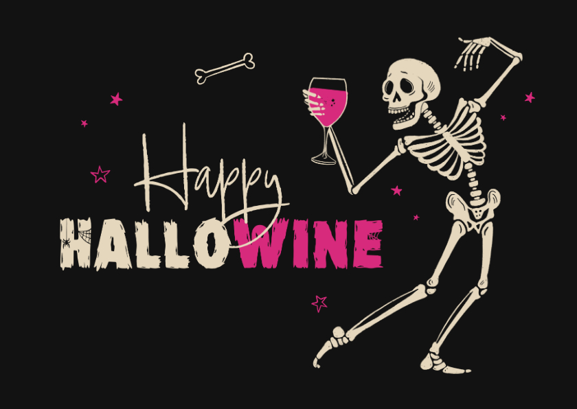 Wenskaarten - Happy Hallowine grappig skelet wijntje halloween