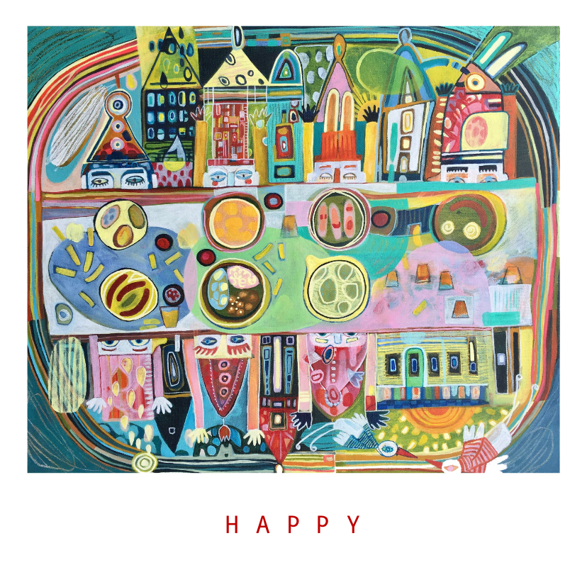 Wenskaarten - Kunstkaart met vrolijke kleuren en blije mensen