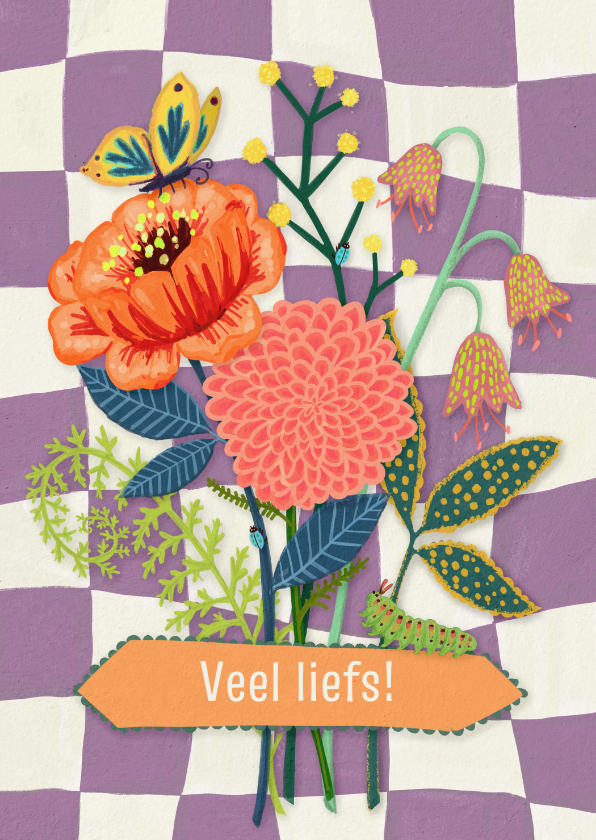 Wenskaarten - Liefde kaart veel liefs kaart met boeketje bloemen