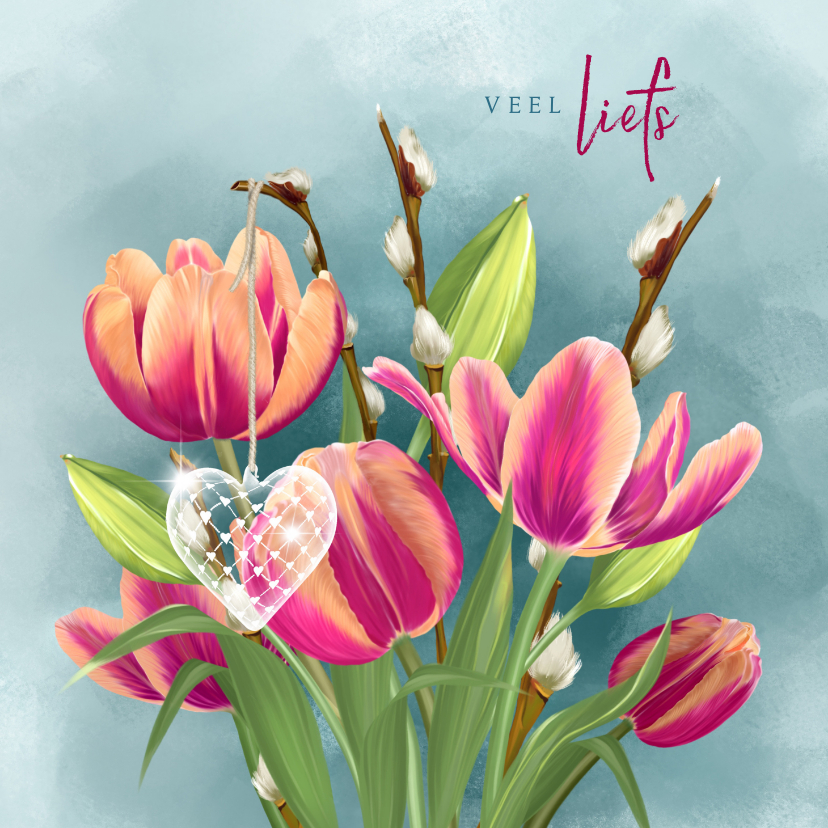 Wenskaarten - Liefdekaart boeket tulpen met hart