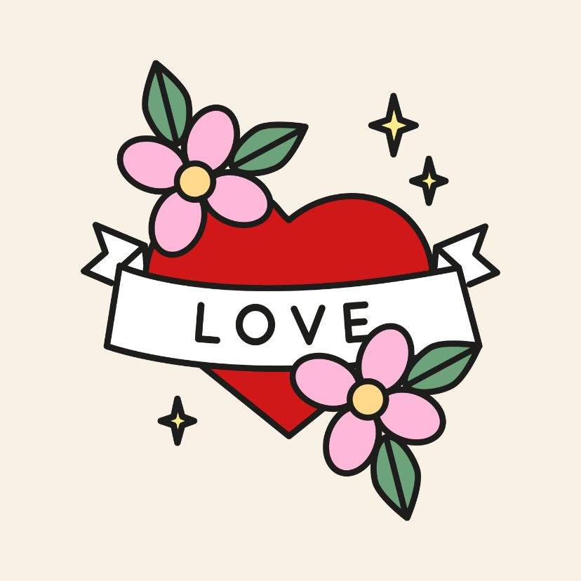 Wenskaarten - Liefdekaart love in tattoo style met hart en bloemen