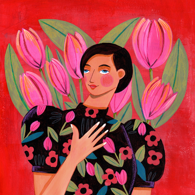 Wenskaarten - Liefdekaart vrouw met tulpen hart 