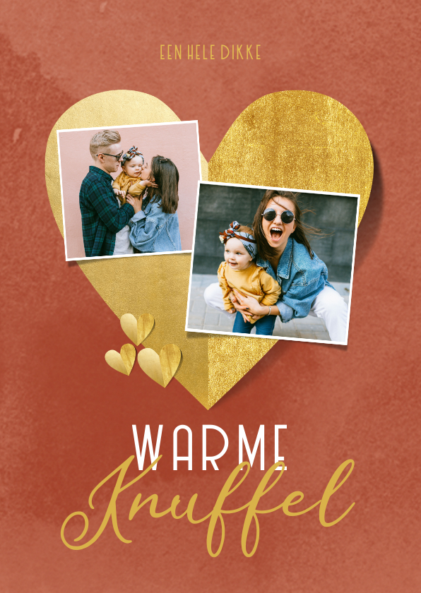 Wenskaarten - Liefdekaart warme knuffel gouden hartjes foto's rood