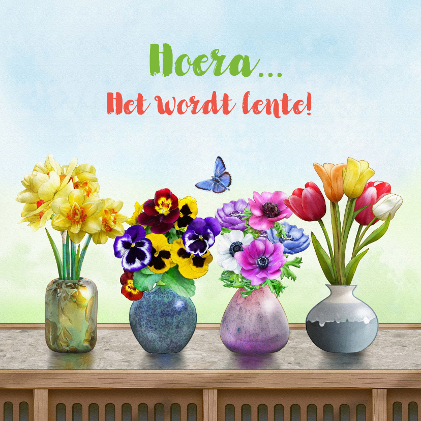 Wenskaarten - Liefdevolle bloemenkaart met 4 vaasjes met lentebloemen