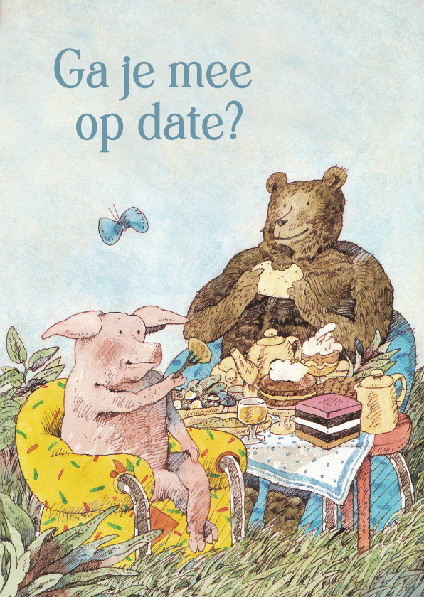 Wenskaarten - Lieve kaart van een varken en beer op een picknick