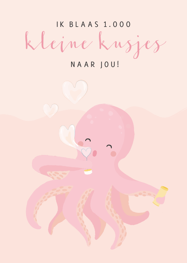 Wenskaarten - Roze liefde kaart met illustratie van een octopus