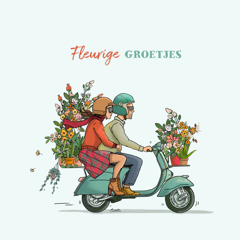 Wenskaarten - Vespa scooter met bloemen
