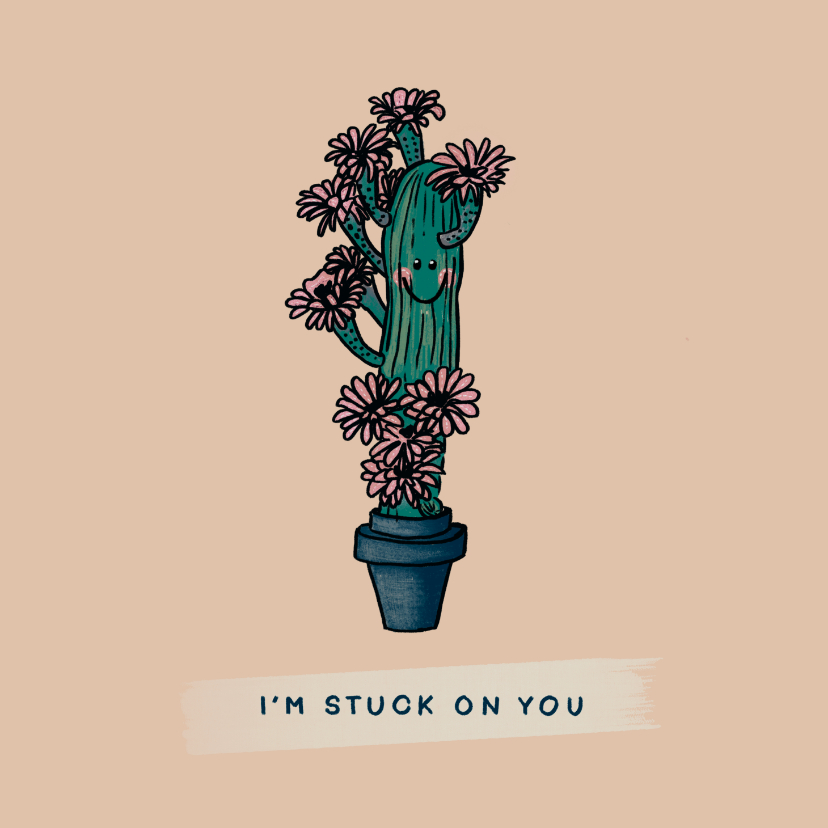 Wenskaarten - Vrolijke liefde kaart met verliefde cactus vol roze bloemen