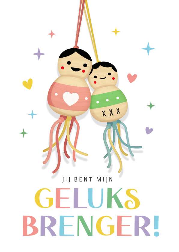 Wenskaarten - Vrolijke liefdeskaart met gelukspoppetjes - geluksbrenger!