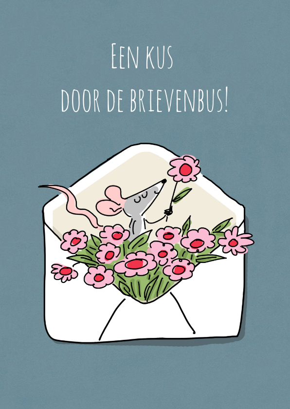Wenskaarten - Wenskaart een kus door de brievenbus met muis en bloemen
